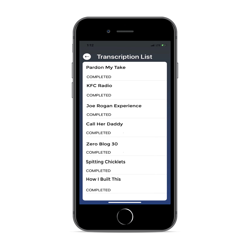 TranscribeMeow transcription list page on iPhone Transcribe Audio